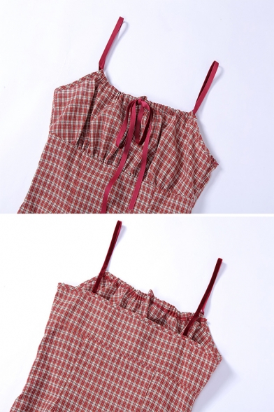 Girls Popular Red Check Printed Tied Front Backless Leisure Mini A-Line Strap Dress