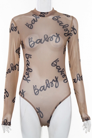 Girls' Stylish Long Sleeve Mock Neck BALRY Printed See-Through Mesh Fitted Bodysuit in Khaki