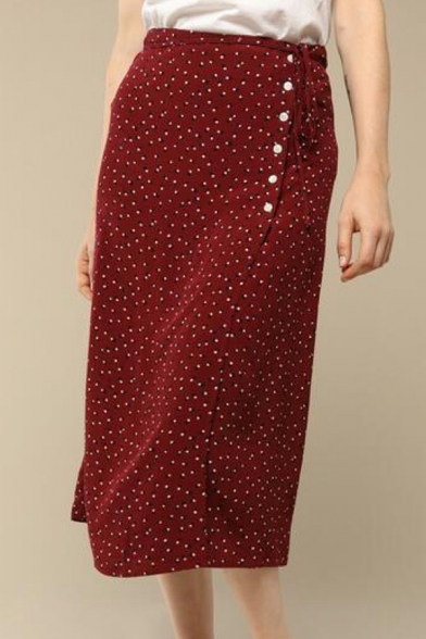 Glamorous Ladies' Mid Rise Floral Print Bow Tie Waist Button High Slit Side Plain Midi Wrap A-Line Skirt