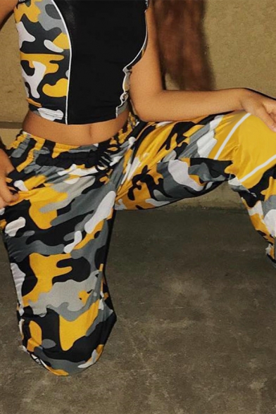 Hip Hop Girls' Drawstring Waist Camo Print Panelled Cuffed Oversize Long Carrot Pants in Yellow