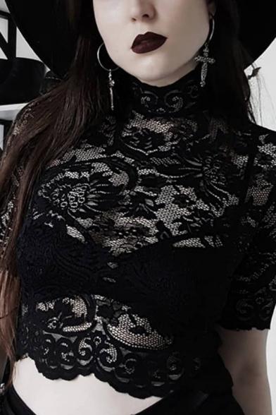 Hot Dark Goth Short Sleeve Mock Neck See Through Hollow Out Black Lace ...