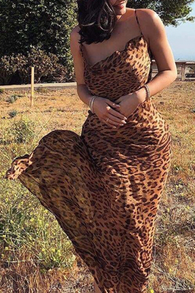 Ladies Chic Brown Leopard Printed Spaghetti Straps Cowl Neck Maxi Fitted Slip Dress