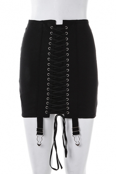 Ladies' Stylish Plain High Waist Lace Up Buckle Embellished Bodycon Mini Skirt