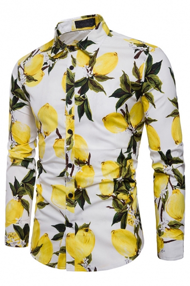 Zantt Mens Button Down Slim Fit Casual Lemon Printed Long Sleeve Dress Shirts