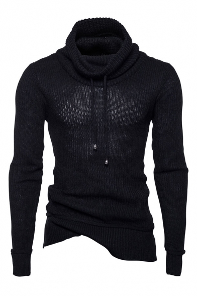 Men Knitted Cowl Neck Slim Fit Drawstring Pullover Jumper Sweaters 