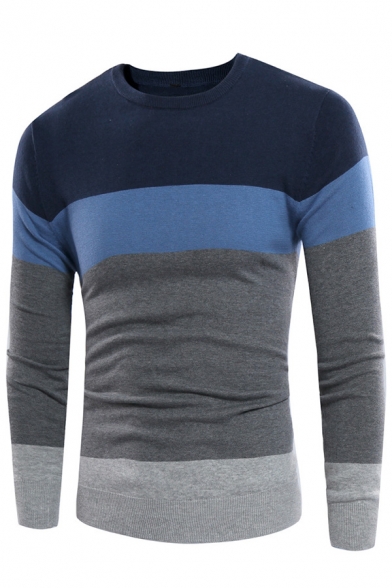 Mens Leisure Colorblock Stripe Printed Long Sleeve Crew Neck Pullover Knit Sweater