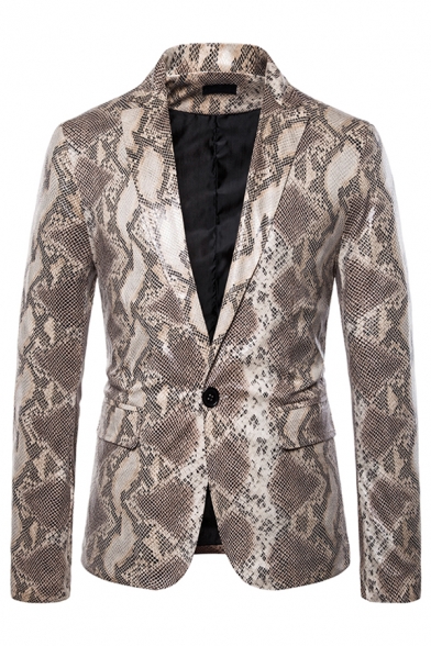 Mens Leisure Leopard Snake Skin Printed Long Sleeve One Button Slim Fit Party Suit Blazer