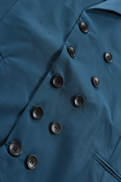 Mens Simple Peak Collar Double Breasted Slim Fit Dark Blue Plain Suit Waistcoat