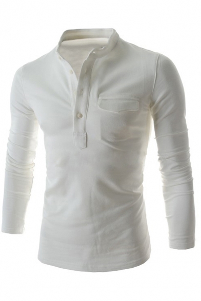 Mens Simple Plain Long Sleeve Button Front Slim-Fit Polo Shirt