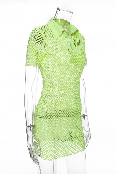 Sexy Plain Fluorescent Green Lapel Collar Button Placket Short Sleeve Mini Fitted Fishnet Party Dress