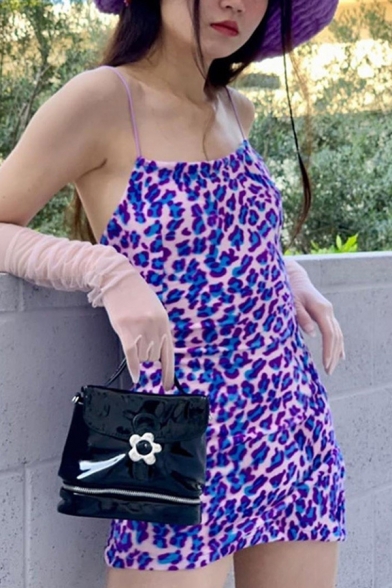 Sexy Purple Leopard Print Spaghetti Straps Side Split Velvet Mini Slip Dress