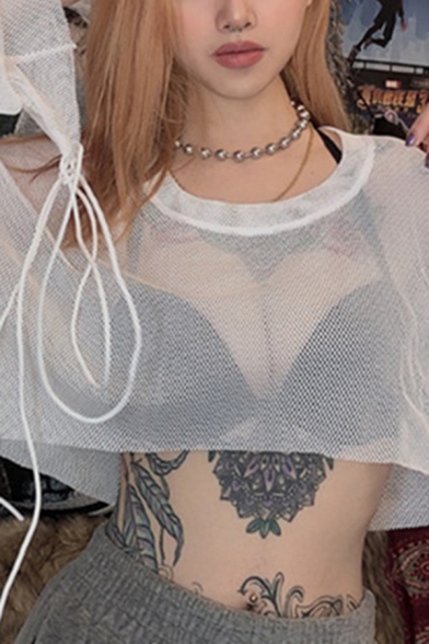 Sexy White Long Sleeve Round Neck Drawstring Sheer Fish Net Loose Fit Crop Top for Girls