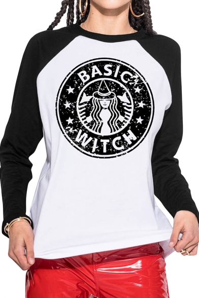 Simple BASIC WITCH Letter Printed Raglan Long Sleeve Crewneck Black & White T-Shirt