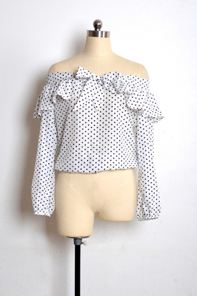Simple Polka Dot Printed Ruffled Off Shoulder Bowknot Front Long Sleeve Blouse Top for Women