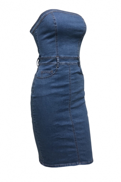 Summer Fashion Strapless Zip Placket Split Back Plain Denim Blue Midi Bandeau Dress with Pocket