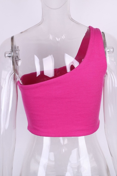 Trendy Hot Girls' Sleeveless One-Shoulder Contrast Patched Knit Slim Fit Crop Tank Top in Rose Red