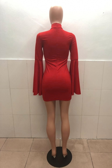 Unique Sexy Girls' Detached Sleeve High Neck Mini Prom Gown Tight Dress in Red