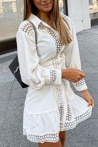 White Ethnic Ladies Bouffant Sleeve Lapel Collar Contrast Lace Ruffled Trim Short A-Line Dress Shirt