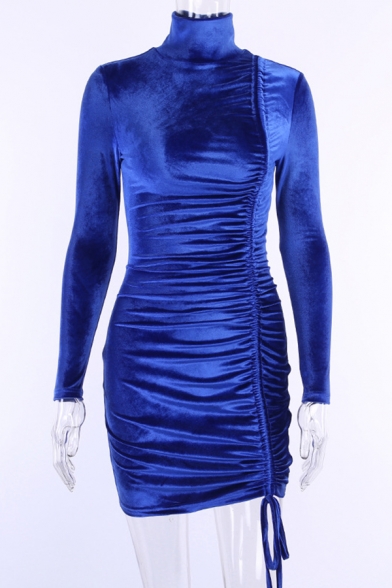 Winter Chic Solid Color Royal Blue High Collar Drawstring Ruched Hem Velvet Mini Bodycon Dress