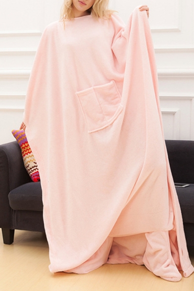 Winter Popular Plain Ultra Length Oversized Flannel Night-Robe Wearable Blanket with Pocket