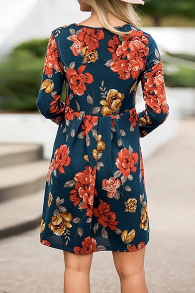 Women's Long Sleeve Round Neck Floral Patterned Pleated Short Swing Dress