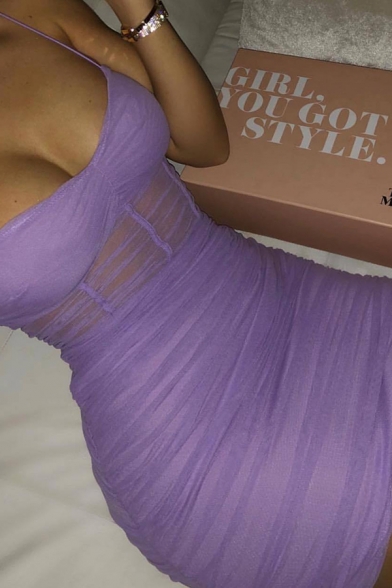 Women's Sexy Plain Ruched Slim Fit Mini Cami Gauze Club Dress
