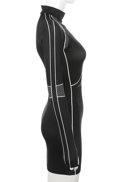 Womens Black Chic Polka Dot Stripe Printed Long Sleeve High Collar Mini Casual Bodycon Dress