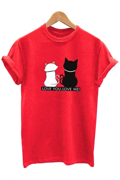 Womens Cartoon Cats LOVE YOU LOVE ME Printed Short Sleeve Casual T-Shirt