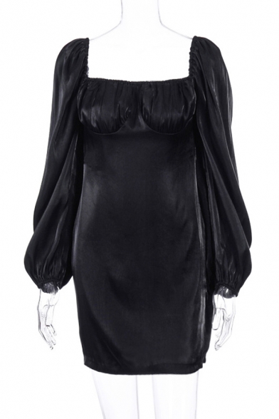Womens Elegant Plain Black Square Neck Lantern Long Sleeve Mini Party Dress