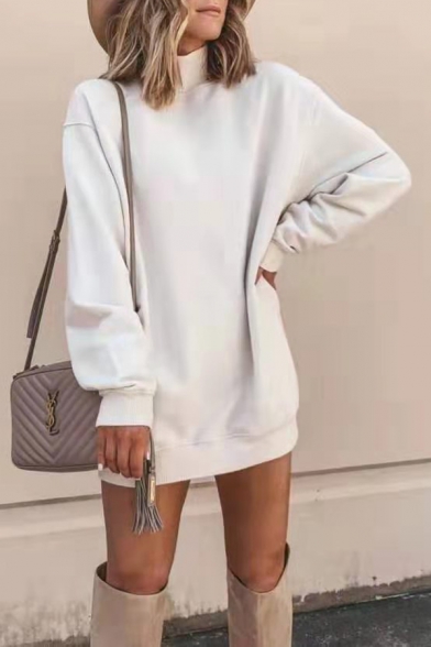 Womens Elegant Plain White High Collar Long Sleeve Loose Mini Dress Pullover Sweatshirt