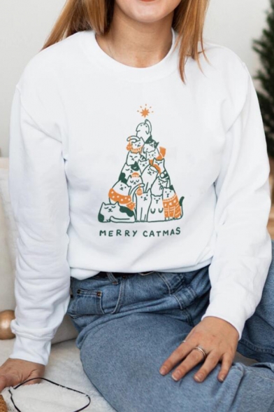 Womens Fancy Cute Cats Letter MERRY CATMAS Printed Long Sleeve Pullover Sweatshirt