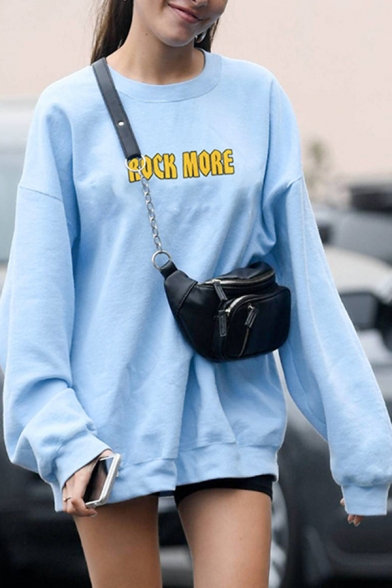 Womens Fashion ROCK MORE Letter Embroidery Long Sleeve Light Blue Classic Pullover Loose Sweatshirt