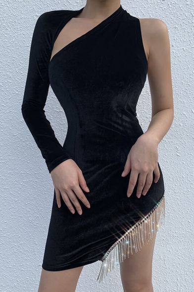 Womens Sexy One Shoulder Sleeve Backless Split Rhinestone Tassel Decoration Black Mini Party Dress