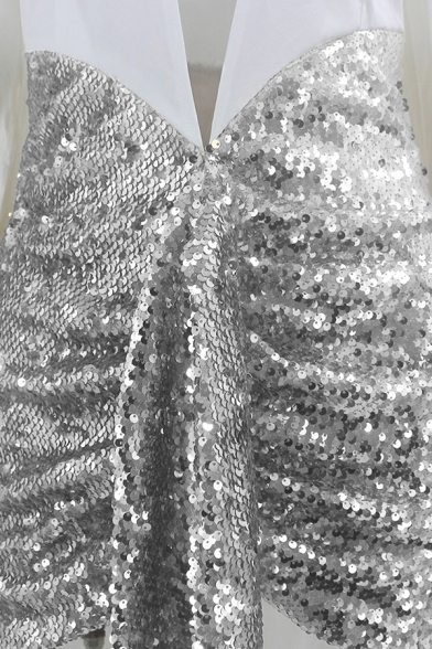 Womens Sexy Plunge V-Neck Lantern Long Sleeve Sequins Patchwork Mini Nightclub Dress
