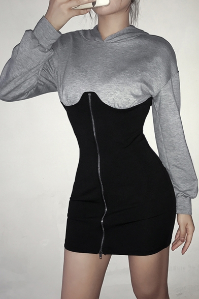 Womens Simple Color Block Panel Long Sleeve Zip Placket Casual Mini Hooded Dress