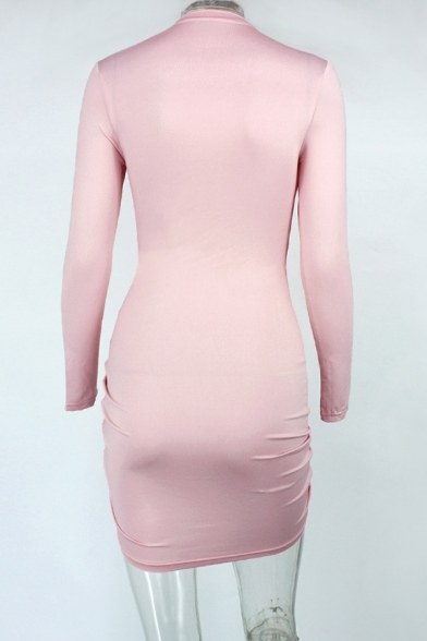 Womens Simple Plain Pink Long Sleeve Drawstring Ruched Hem Mini Party Fitted Dress