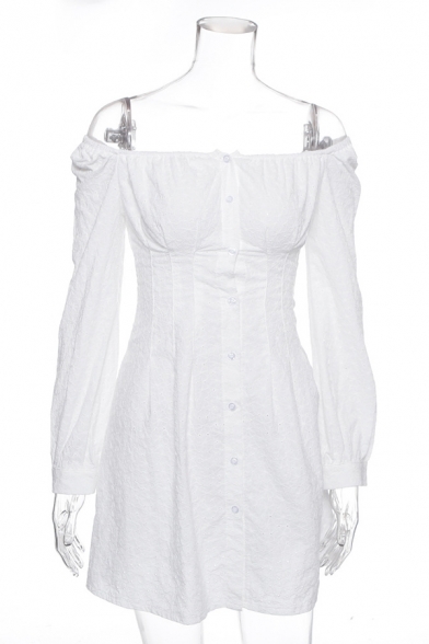 Womens Simple Plain White Off The Shoulder Long Sleeve Button Down Mini A Line Dress Beautifulhalo Com