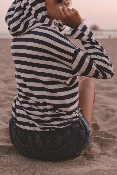 Womens Simple Stripe Printed Long Sleeve Drawstring Hem Casual Sports Hoodie with Pocket