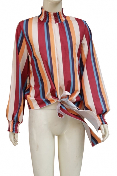 Womens Stylish Colorful Vertical Striped Print Ruched High Collar Long Sleeve Tied Hem Loose Fit Casual Shirt