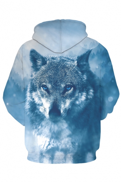 3D Wolf Pattern Long Sleeve Relaxed Loose Gray Drawstring Hoodie