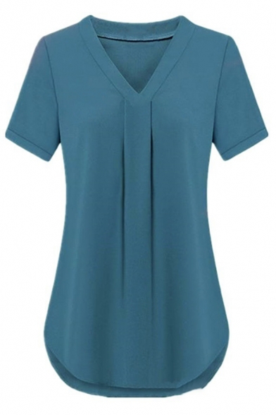 Basic Plain Short Sleeve V-Neck Pleated Relaxed Fit Longline T Shirt for Women
