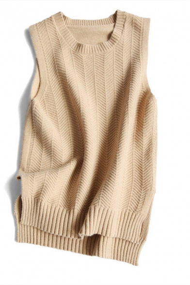 Basic Plain Sleeveless Crew Neck Relaxed Fit Purl-Knit Sweater Vest for Ladies