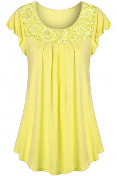 

Basic Summer Short Sleeve Round Neck Lace Patched Pleated Loose Fit T Shirt for Women, Green;purple;yellow, LM584684