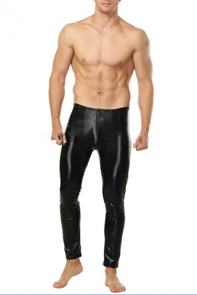 Black Patent Leather Zipper Front Skinny Fit Nightclub Pants for Men