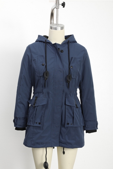 Casual Girls' Long Sleeve Hooded Drawstring Button Zipper Front Flap Pockets Fluffy Trim Plain Loose Midi Parka Coat