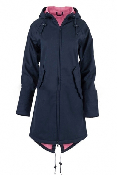 Casual Girls' Long Sleeve Hooded Zipper Front Flap Pockets Drawstring Plain Boxy Trench Coat