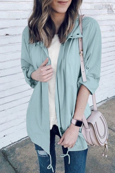 Casual Girls' Long Sleeve Lapel Neck Zip Button Front Drawstring Plain Relaxed Fit Trench Coat