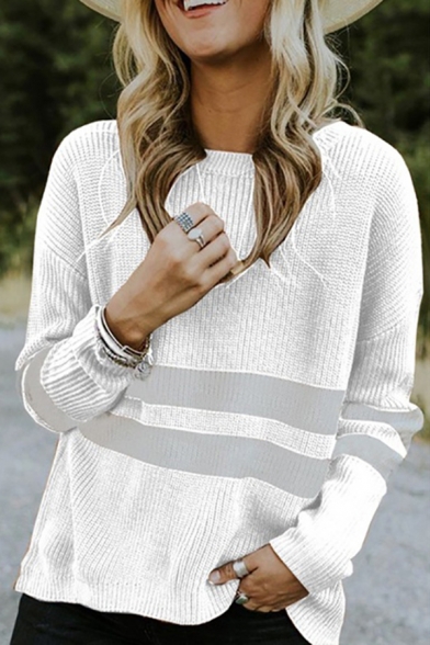Casual Ladies' Long Sleeve Crew Neck Stripe Print Relaxed Fit Chunky Knit Plain Pullover Sweater Top