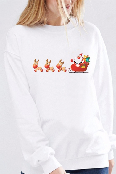 Casual White Long Sleeve Round Neck Santa Claus Reindeer Printed Loose Fit Christmas Sweatshirt for Women