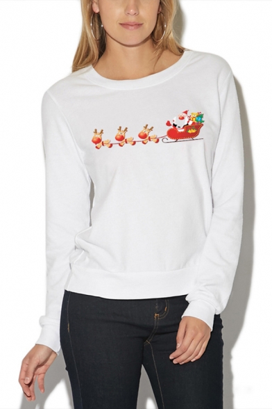 Casual White Long Sleeve Round Neck Santa Claus Reindeer Printed Loose Fit Christmas Sweatshirt for Women